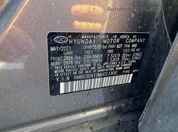 KM8S3DA10MU011900 2021 HYUNDAI SANTA FE Gray უკანა სალონის ხედი