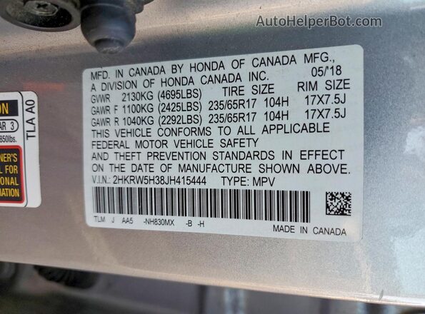 2HKRW5H38JH415444 2018 HONDA CR-V Серебряный 