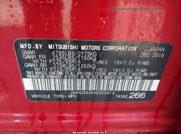 JA4AD3A34HZ022913 2017 MITSUBISHI OUTLANDER Red Widok komory silnika