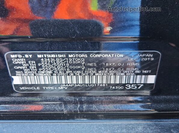 JA4AP3AU1LU017481 2020 MITSUBISHI OUTLANDER Black VIN კოდის სტიკერის ხედი