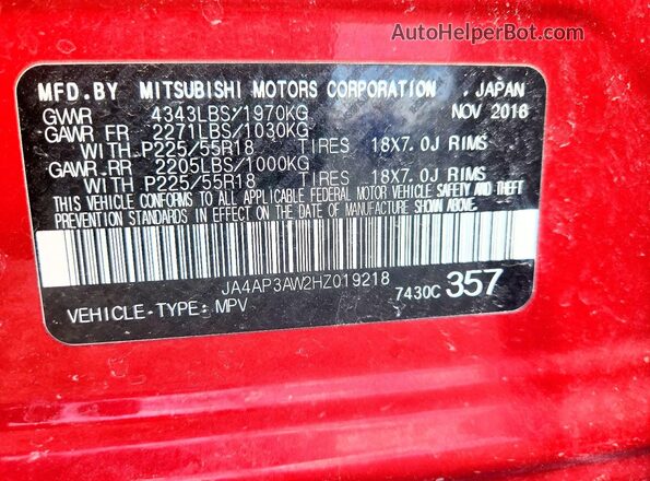 JA4AP3AW2HZ019218 2017 MITSUBISHI OUTLANDER Red VIN կոդի պիտակի տեսք