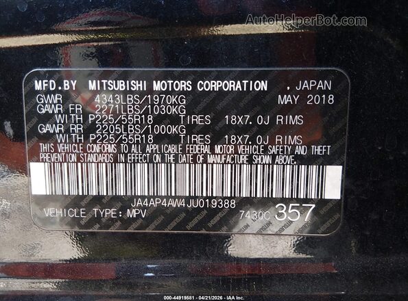 JA4AP4AW4JU019388 2018 MITSUBISHI OUTLANDER SPORT Black Շարժիչի բաժամունքի տեսք