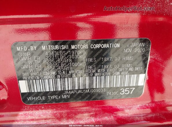JA4APUAU1MU009033 2021 MITSUBISHI OUTLANDER SPORT Red 