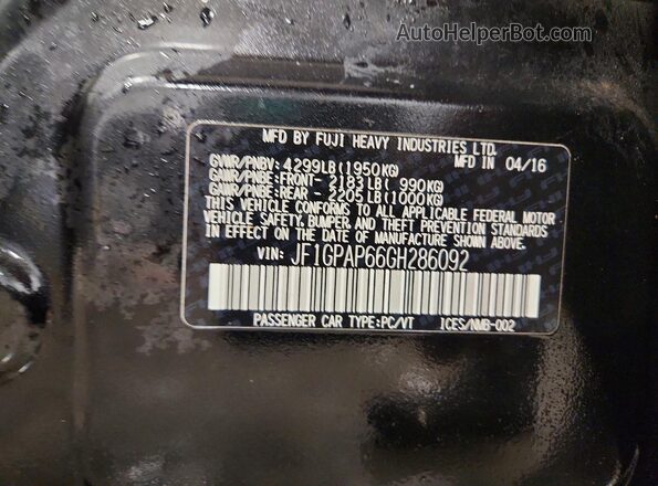 JF1GPAP66GH286092 2016 SUBARU IMPREZA Black VIN კოდის სტიკერის ხედი