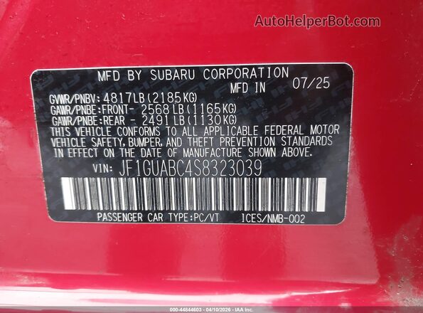 JF1GUABC4S8323039 2025 SUBARU IMPREZA Red ძრავის განყოფილების ხედი