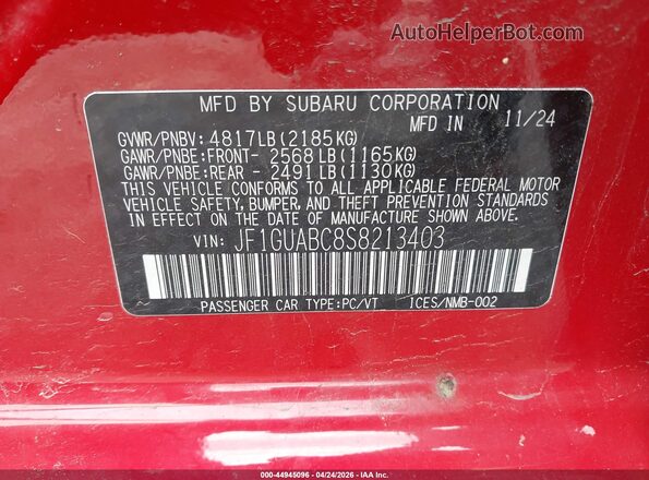 JF1GUABC8S8213403 2025 SUBARU IMPREZA Red Շարժիչի բաժամունքի տեսք