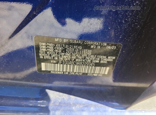 JF1GUABC9R8229345 2024 SUBARU IMPREZA Синий Вид наклейки с VIN-кодом