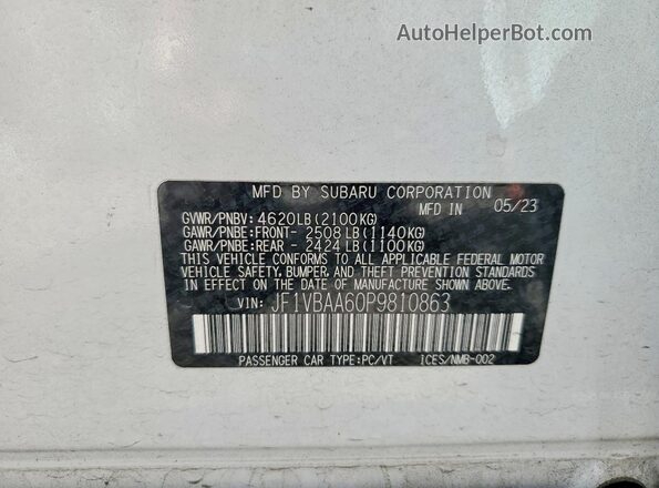 JF1VBAA60P9810863 2023 SUBARU WRX White VIN կոդի պիտակի տեսք