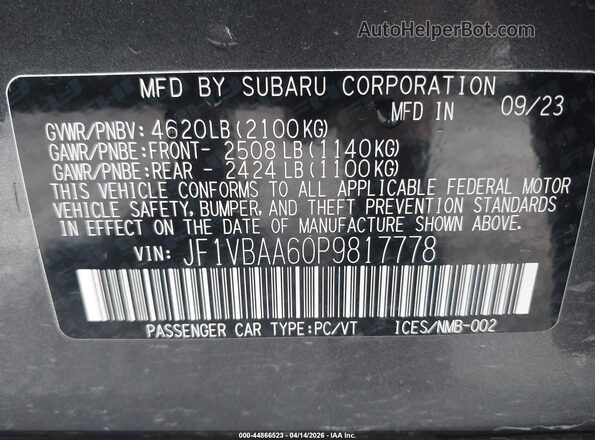 JF1VBAA60P9817778 2023 SUBARU WRX Gray Engine compartment view