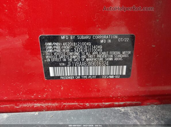 JF1VBAA63N9016324 2022 SUBARU WRX Red Widok komory silnika