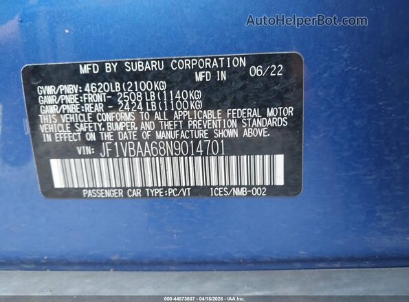 JF1VBAA68N9014701 2022 SUBARU WRX Blue 