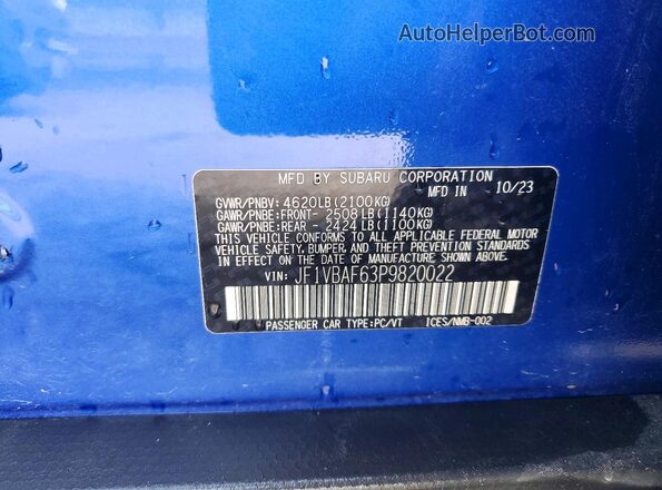 JF1VBAF63P9820022 2023 SUBARU WRX Blue ძრავის განყოფილების ხედი