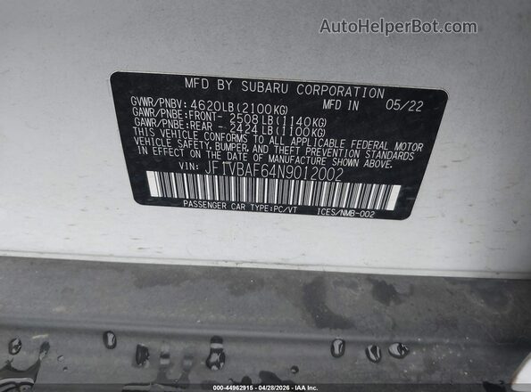 JF1VBAF64N9012002 2022 SUBARU WRX White Вид підкапотного простору