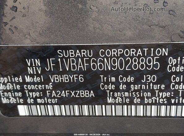 JF1VBAF66N9028895 2022 SUBARU WRX Gray ძრავის განყოფილების ხედი