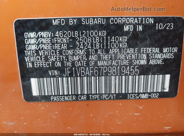 JF1VBAF67P9819455 2023 SUBARU WRX Оранжевый Вид подкапотного пространства