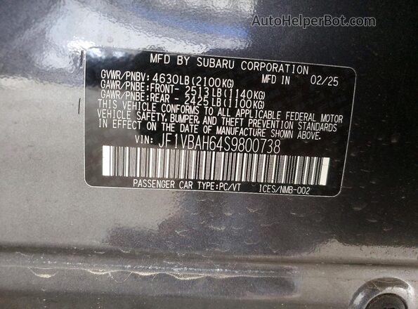 JF1VBAH64S9800738 2025 SUBARU WRX Charcoal Widok naklejki z numerem VIN