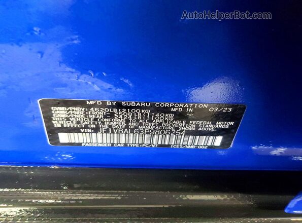 JF1VBAL63P9806254 2023 SUBARU WRX Blue Շարժիչի բաժամունքի տեսք