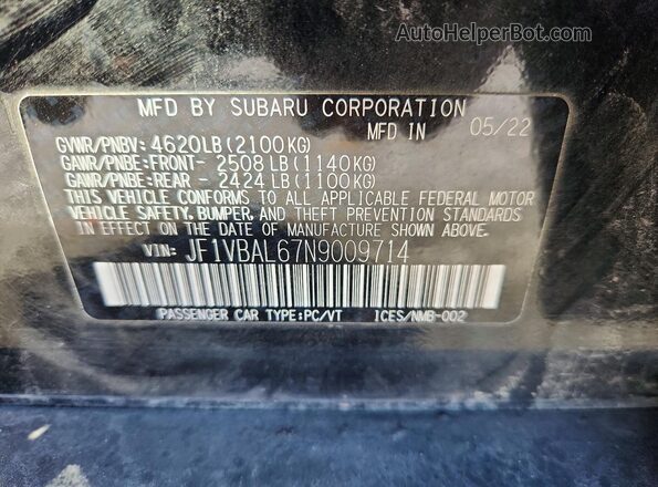 JF1VBAL67N9009714 2022 SUBARU WRX Black Вид підкапотного простору
