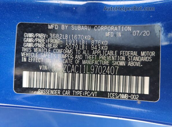 JF1ZCAC11L9702407 2020 SUBARU BRZ Blue VIN sticker view