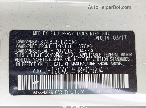 JF1ZCAC15H8603604 2017 SUBARU BRZ White Շարժիչի բաժամունքի տեսք