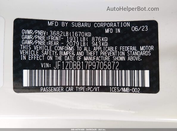 JF1ZDBB17P9705872 2023 SUBARU BRZ White Вид підкапотного простору