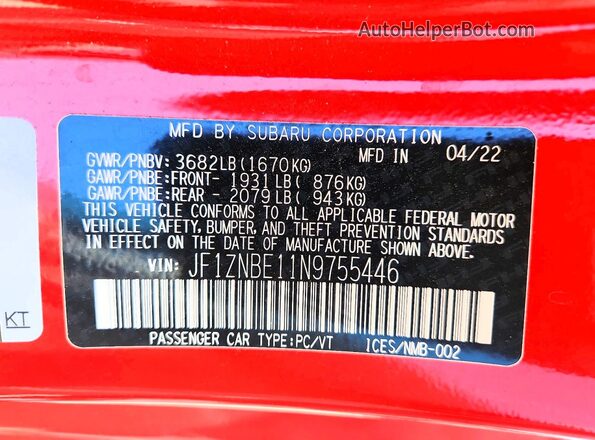 JF1ZNBE11N9755446 2022 TOYOTA GR Красный Вид наклейки с VIN-кодом