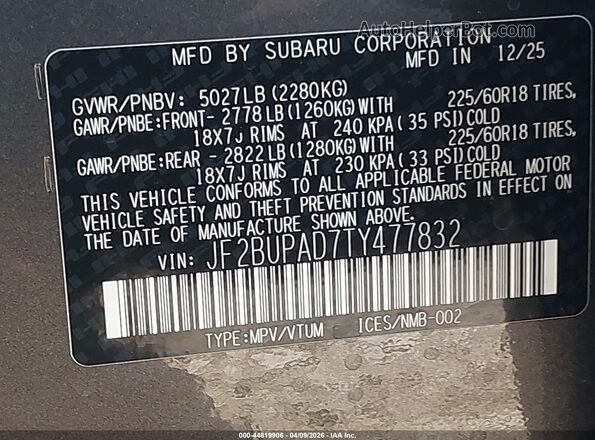 JF2BUPAD7TY477832 2026 SUBARU OUTBACK Gray 