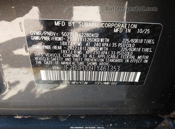 JF2BUPDD9TY461353 2026 SUBARU OUTBACK Серый Вид подкапотного пространства