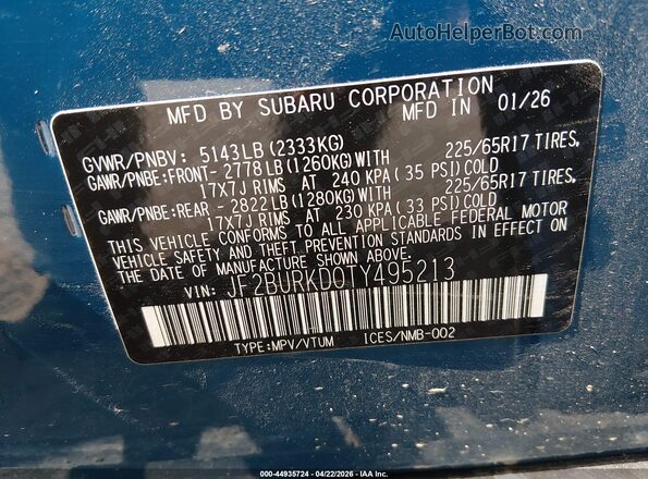 JF2BURKD0TY495213 2026 SUBARU OUTBACK Blue Engine compartment view