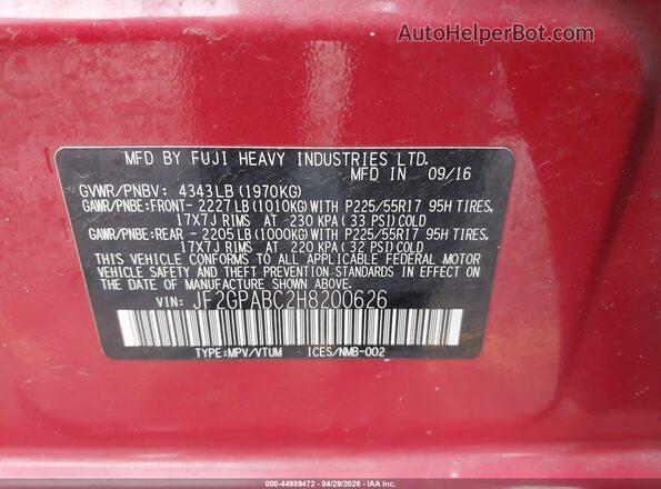JF2GPABC2H8200626 2017 SUBARU CROSSTREK Red Widok komory silnika