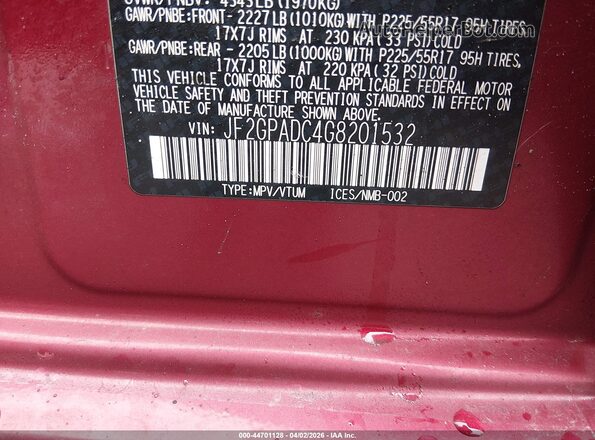 JF2GPADC4G8201532 2016 SUBARU CROSSTREK Red ძრავის განყოფილების ხედი