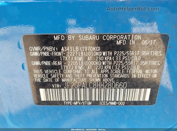 JF2GPALC8HH280660 2017 SUBARU CROSSTREK Blue Շարժիչի բաժամունքի տեսք