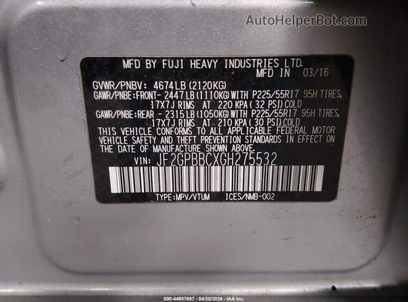 JF2GPBBCXGH275532 2016 SUBARU CROSSTREK HYBRID Silver Engine compartment view