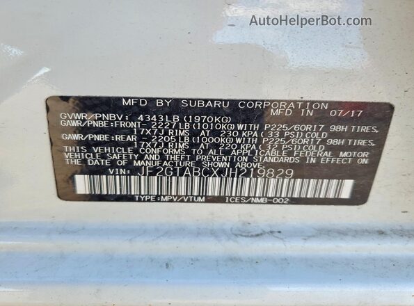 JF2GTABCXJH219829 2018 SUBARU CROSSTREK White Vista del compartimento del motor