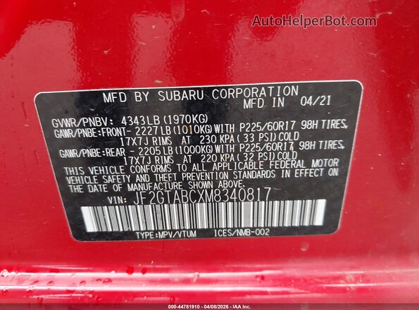 JF2GTABCXM8340817 2021 SUBARU CROSSTREK Красный 