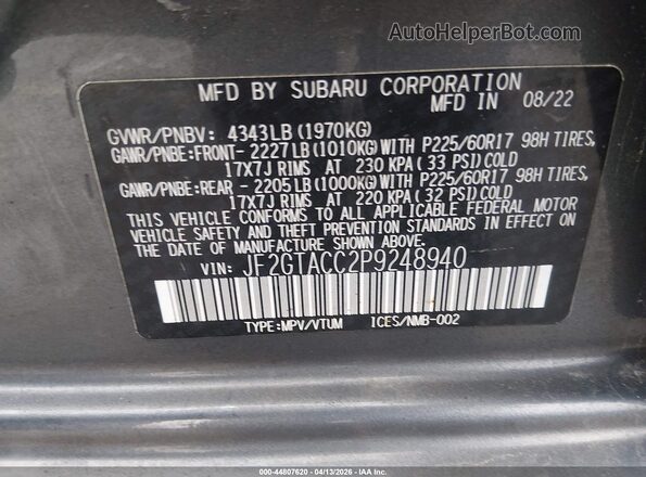 JF2GTACC2P9248940 2023 SUBARU CROSSTREK Gray Vista del compartimento del motor