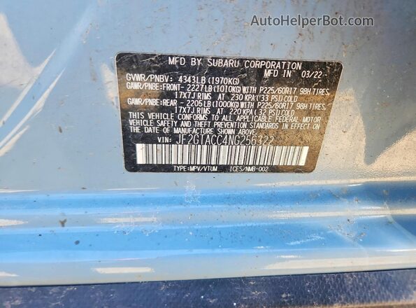 JF2GTACC4NG256322 2022 SUBARU CROSSTREK Серый Панорамный вид салона 360°