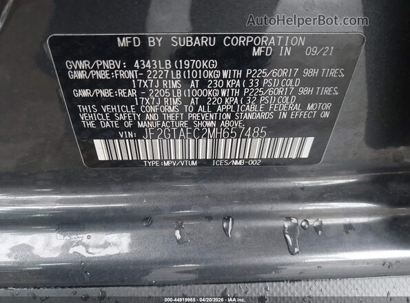 JF2GTAEC2MH657485 2021 SUBARU CROSSTREK Gray Engine compartment view
