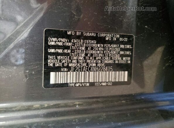 JF2GTAEC4NH228415 2022 SUBARU CROSSTREK Gray Vista de la etiqueta del VIN