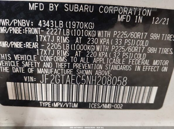 JF2GTAEC5NH208058 2022 SUBARU CROSSTREK White Вид підкапотного простору