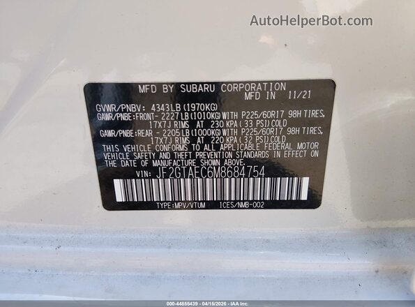 JF2GTAEC6M8684754 2021 SUBARU CROSSTREK White ძრავის განყოფილების ხედი