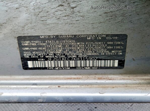 JF2GTAEC7KH315902 2019 SUBARU CROSSTREK Silver 