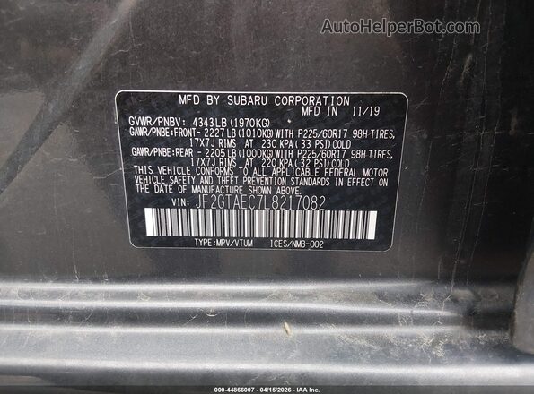 JF2GTAEC7L8217082 2020 SUBARU CROSSTREK Gray 