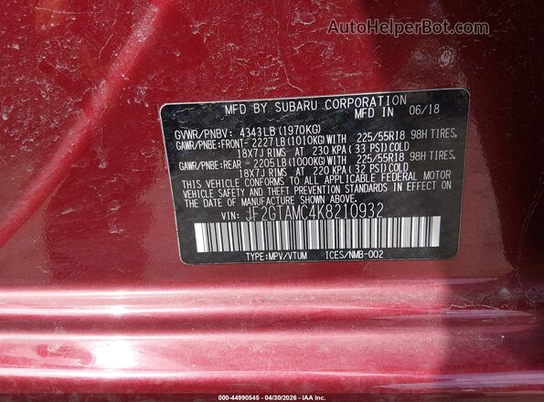 JF2GTAMC4K8210932 2019 SUBARU CROSSTREK Burgundy Вид підкапотного простору