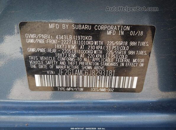 JF2GTAMC6J8293181 2018 SUBARU CROSSTREK Blue ძრავის განყოფილების ხედი