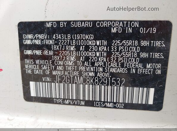 JF2GTAMC8K8291532 2019 SUBARU CROSSTREK White Engine compartment view