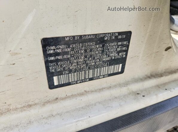 JF2GTAMCXK8380941 2019 SUBARU CROSSTREK White Вид наклейки з VIN-кодом