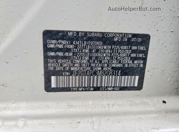 JF2GTAPC3M8208314 2021 SUBARU CROSSTREK Белый Вид подкапотного пространства