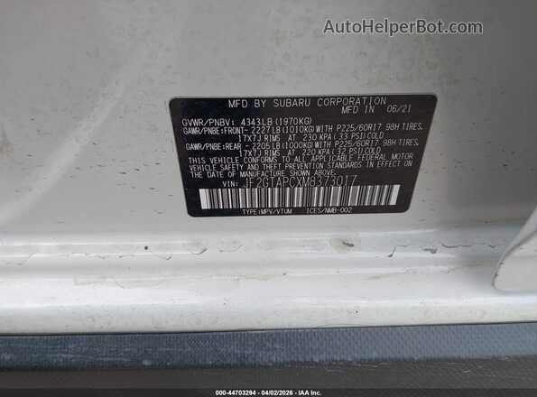 JF2GTAPCXM8373017 2021 SUBARU CROSSTREK White ძრავის განყოფილების ხედი