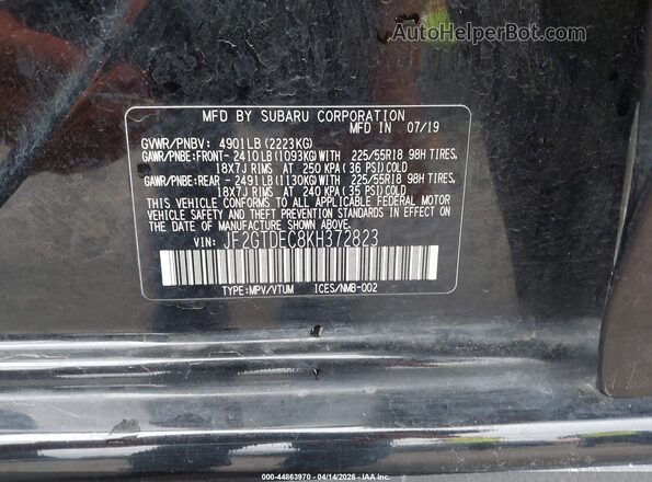 JF2GTDEC8KH372823 2019 SUBARU CROSSTREK HYBRID Black Widok komory silnika
